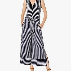 eci NY blue and white striped V-neck, sleeveless, tie waist, nautical jumpsuit